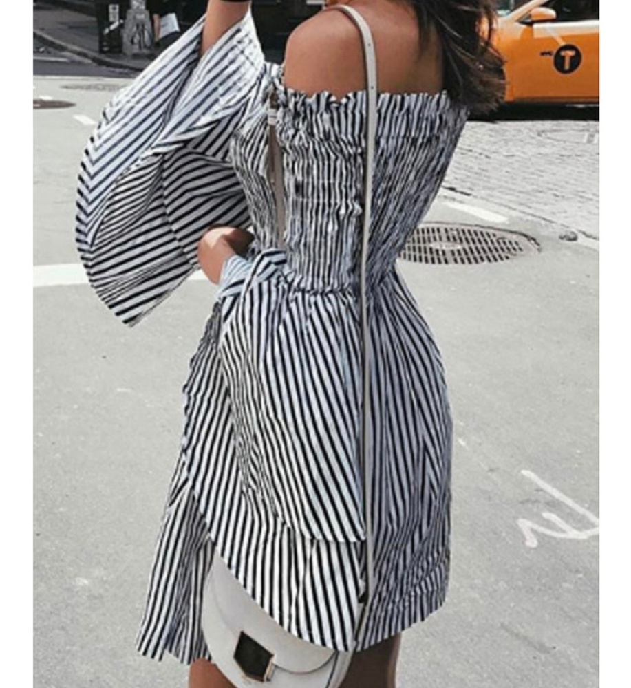Stripped ruffle off shoulder dress